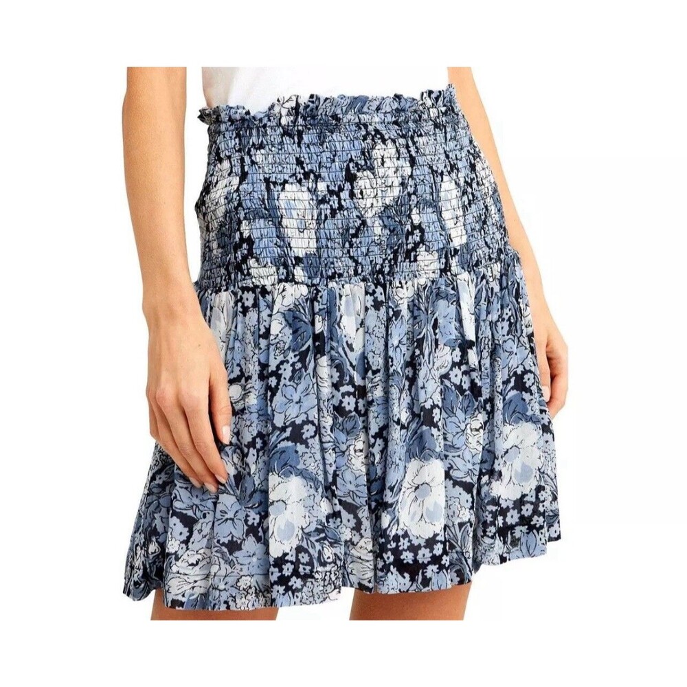 GANNI Elm Shirred Blue Floral Georgette Smocked Pull on Mini Skirt Size 34 SMALL